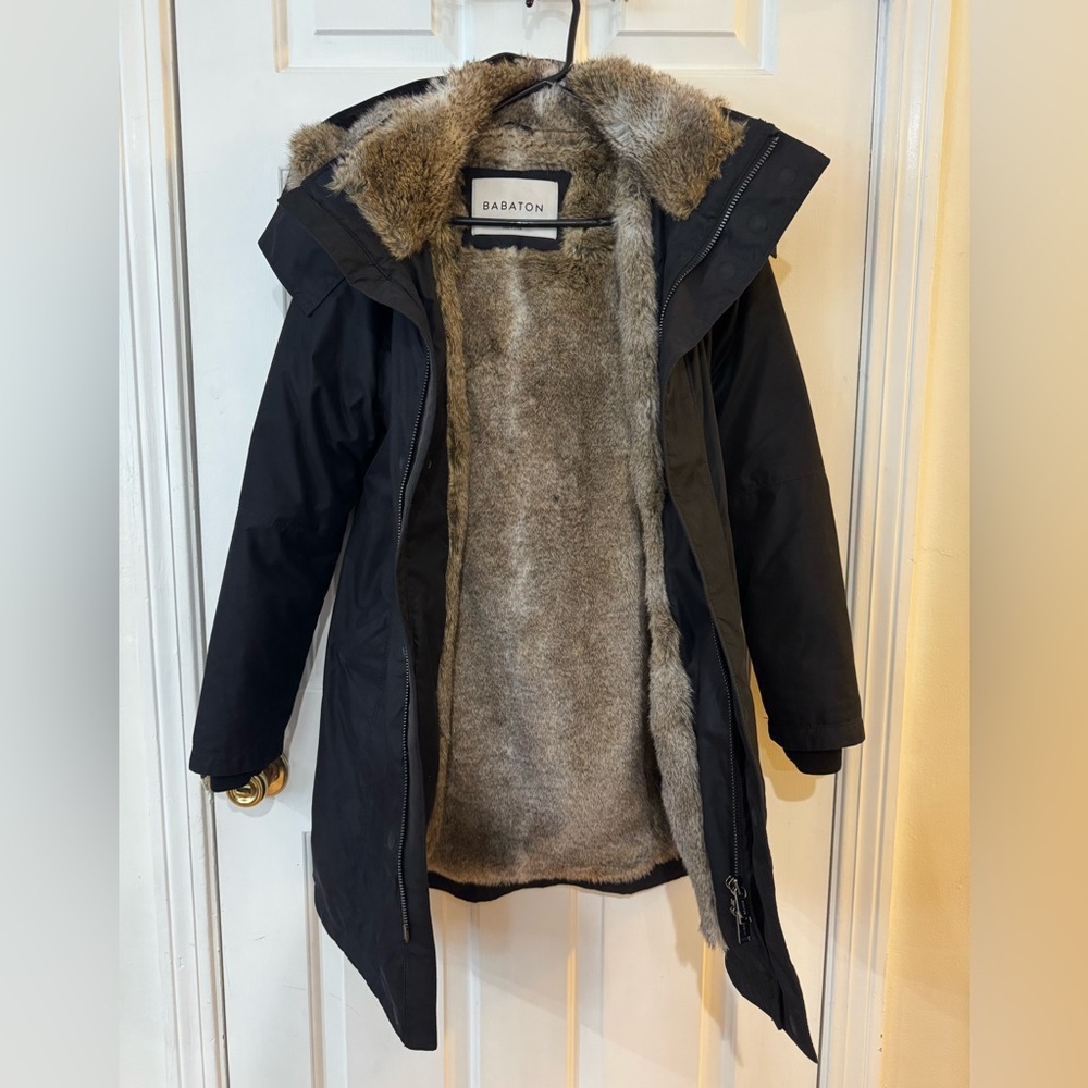 Babaton Black Parka Coat with Faux Fur Lining